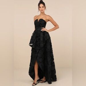 Lulu’s Majestic Glam Black Strapless Textured High-Low Maxi Dress